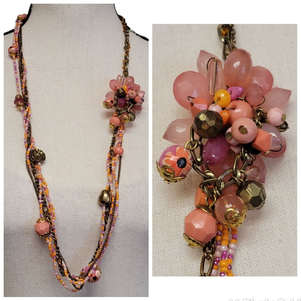 Pink‎ Orange Beaded Statement Necklace 32" Sunset Multi Strand Boho Chic Funky